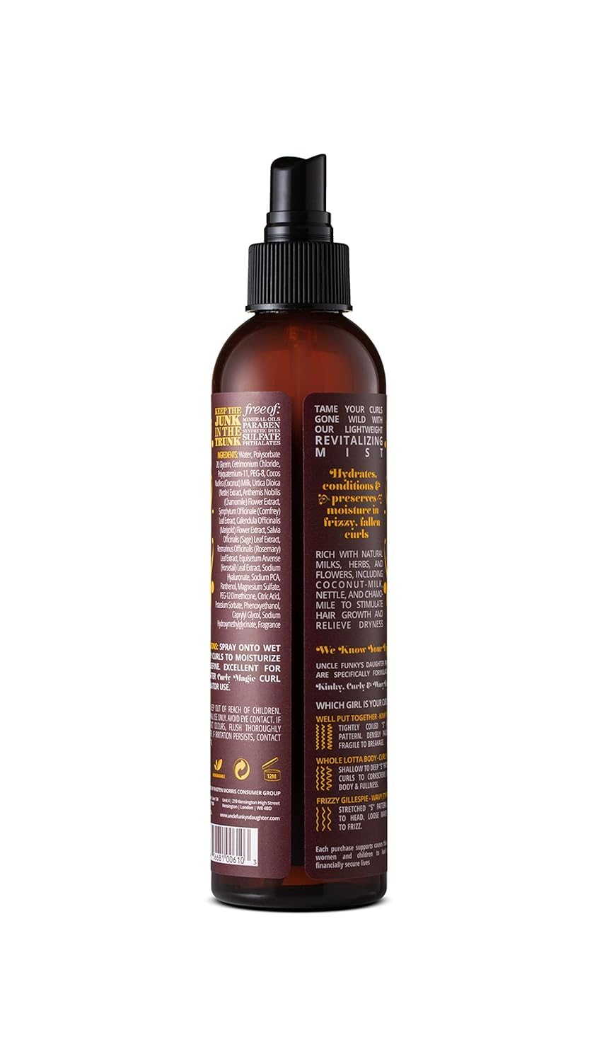 Uncle Funky's Daughter mist spraying onto hair delivering lightweight hydration and detangling benefits