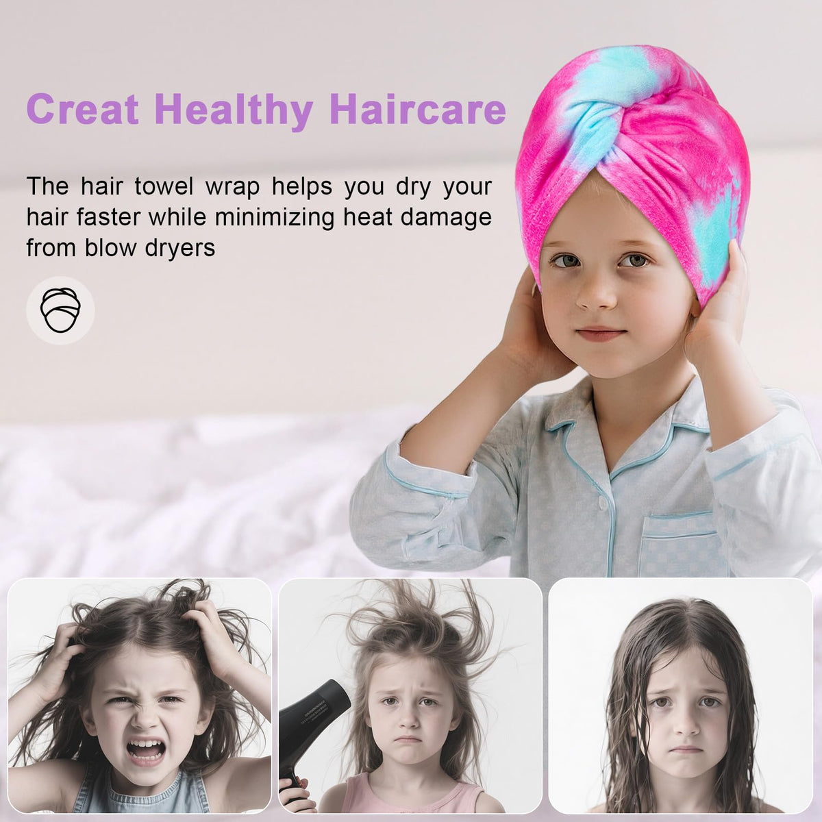 Unicorn Castle child wearing pink wrap in bathroom demonstrating hands-free drying