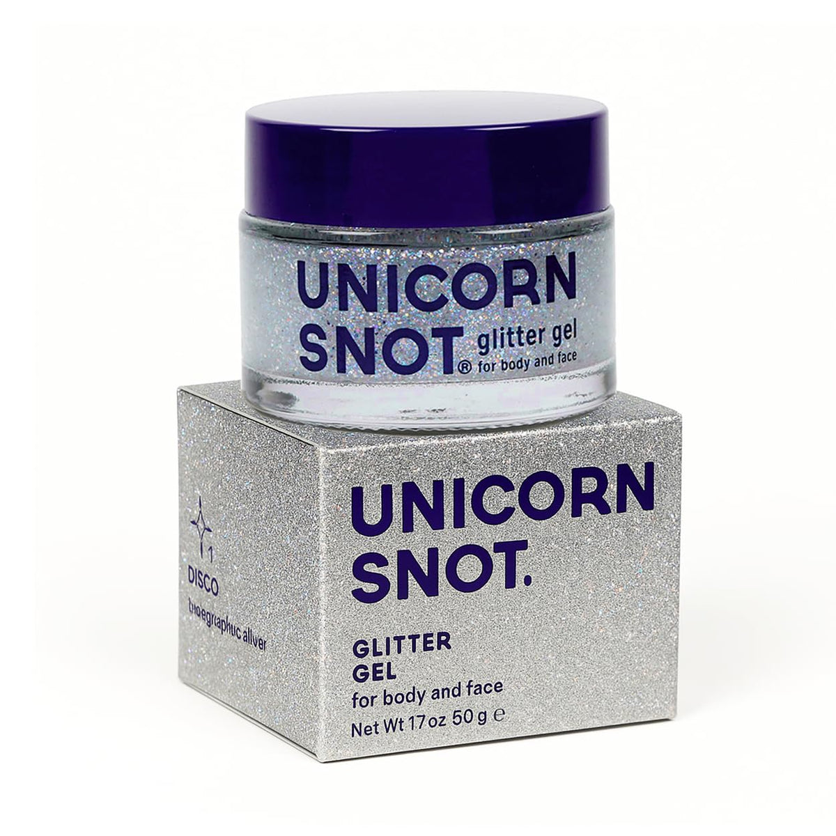 UNICORN SNOT jar front showing disco silver label and compact size, travel-friendly