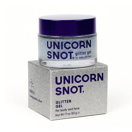 UNICORN SNOT jar front showing disco silver label and compact size, travel-friendly