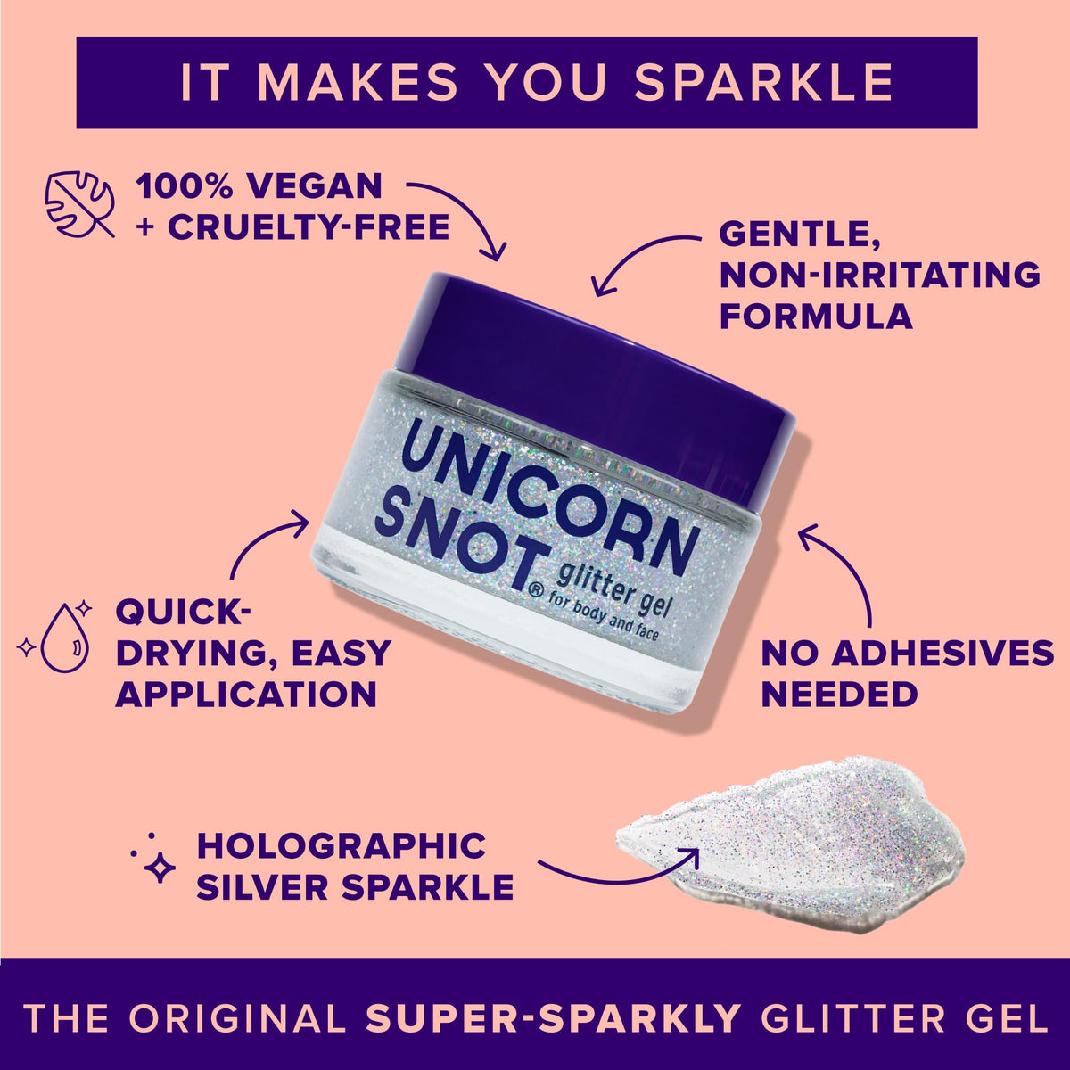 UNICORN SNOT open jar texture close-up showing holographic glitter gel shimmer
