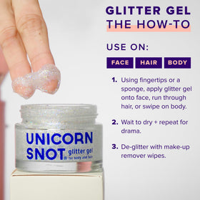 UNICORN SNOT jar beside makeup brush and palette for easy festival use