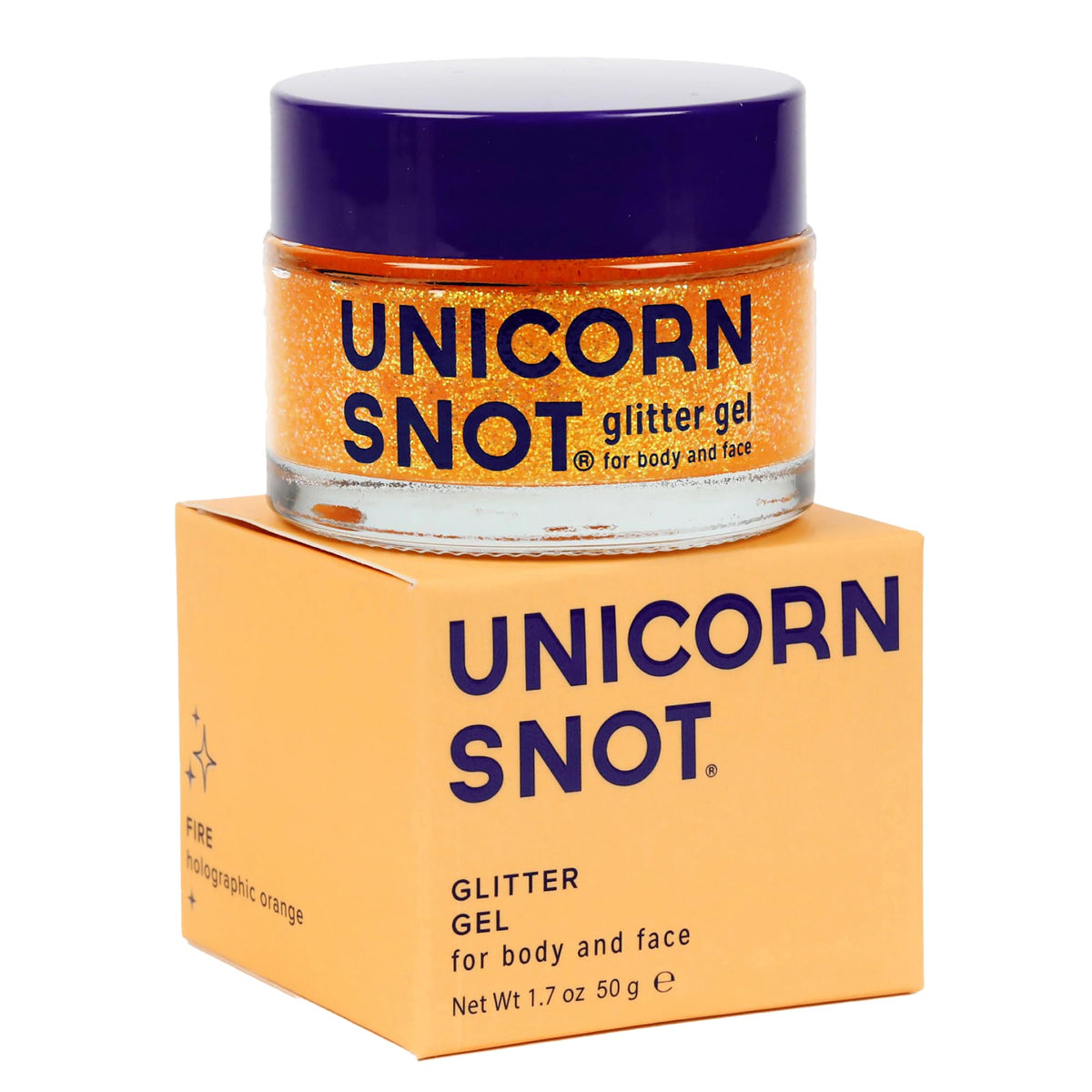UNICORN SNOT jar front view showing orange holographic glitter and label benefit