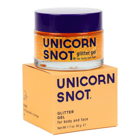 UNICORN SNOT jar front view showing orange holographic glitter and label benefit