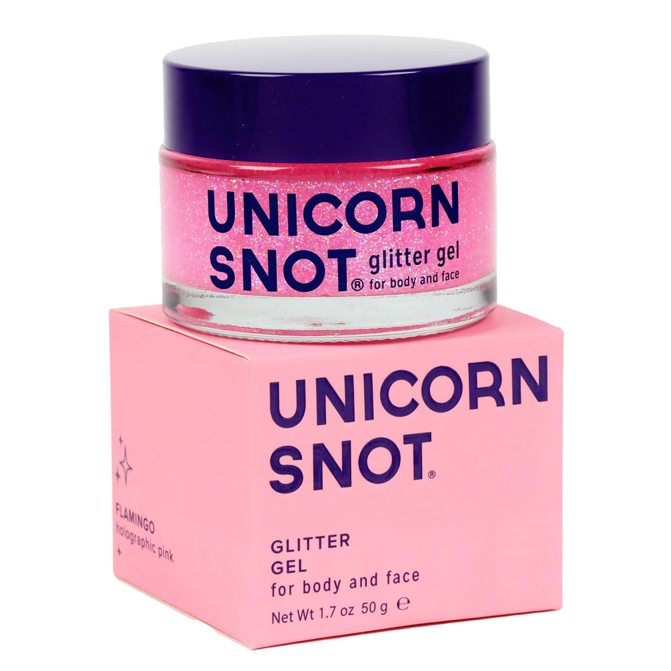 UNICORN SNOT flamingo jar front view showing label and pink holographic gel