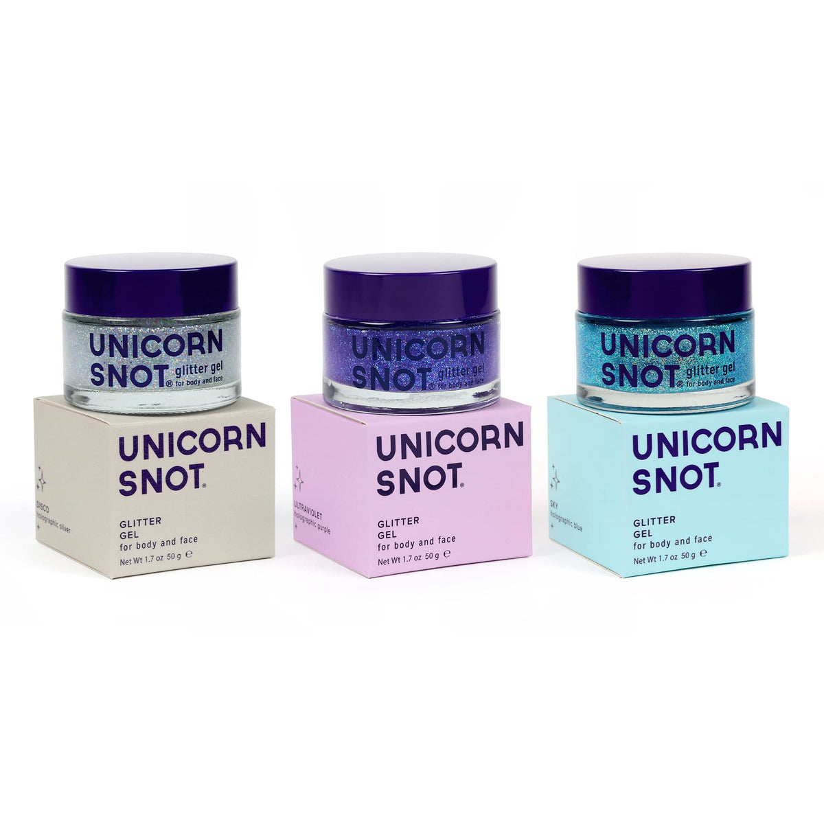 UNICORN SNOT front packaging showing three glitter gel tubes for vibrant looks