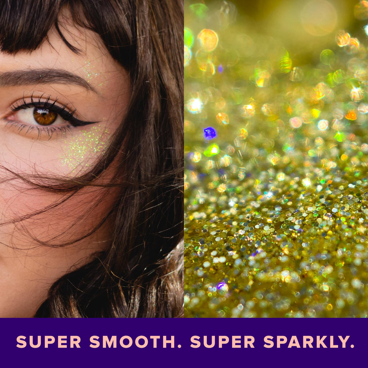 Model eye with UNICORN SNOT gold glitter applied for dramatic shimmer
