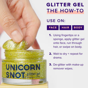 Hair part highlighted with UNICORN SNOT gold glitter for festival styling