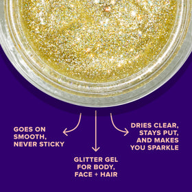 UNICORN SNOT jar open with visible gold glitter gel for easy application