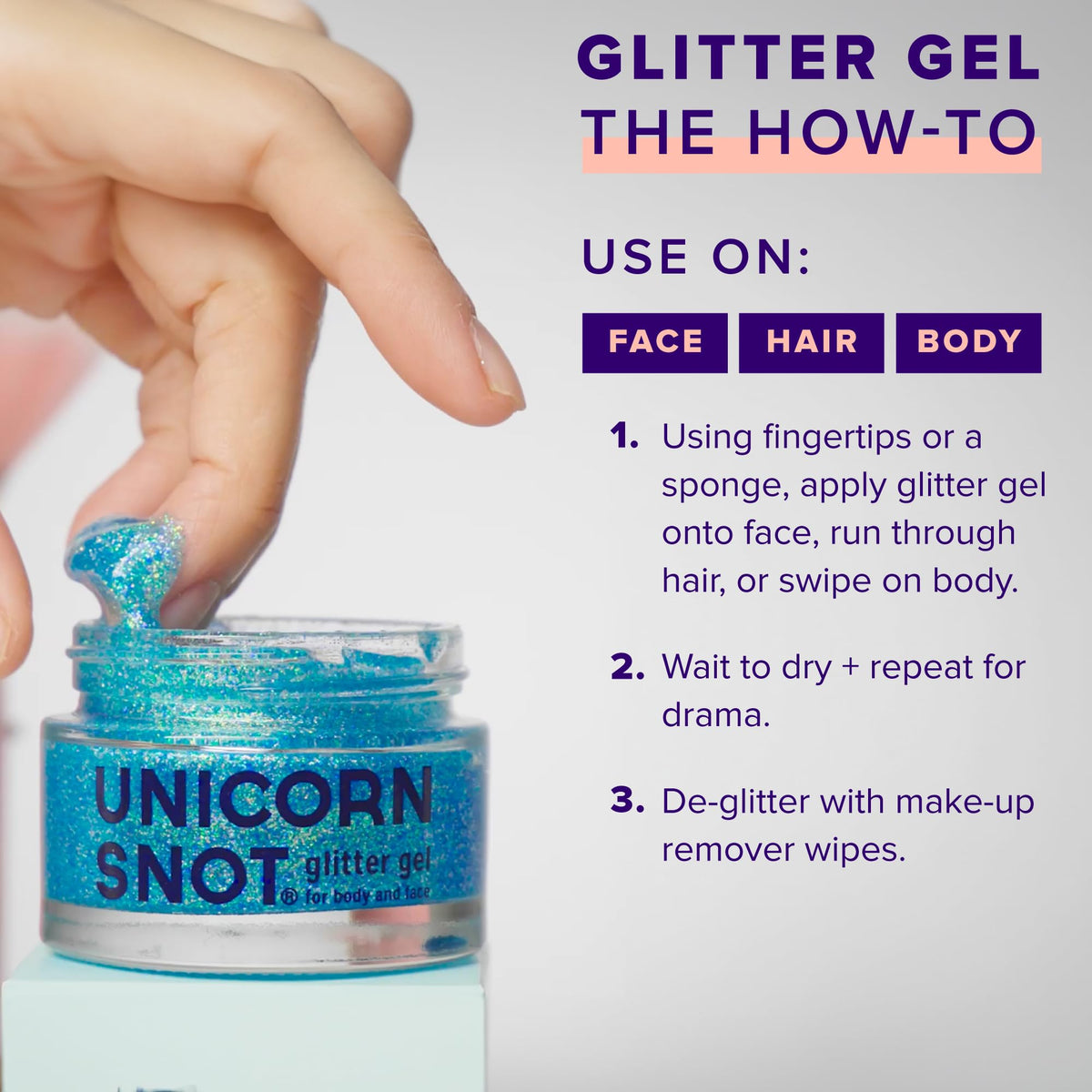 Unicorn Snot Sky gel on fingertip ready to apply for precise, easy cosmetic use