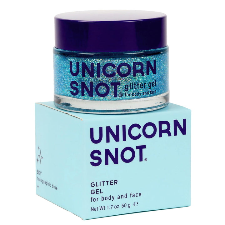 Unicorn Snot Sky front jar showing holographic blue glitter and compact size benefits