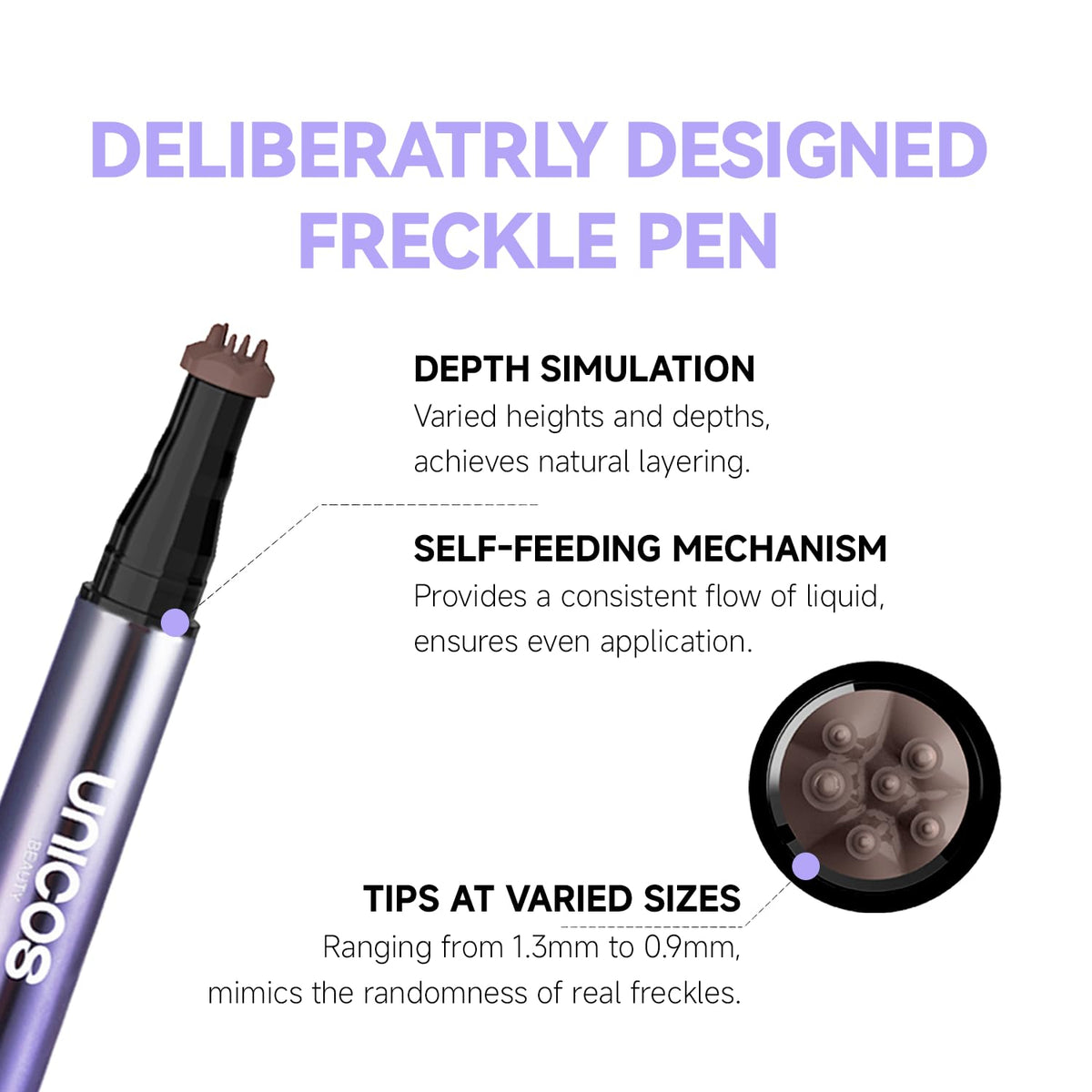 Unicos freckle stamp close-up of stamp and fine tip, precise dot control for realistic freckles