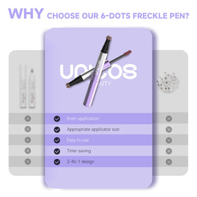 Unicos freckle stamp next to hand for scale, compact size for purse and on-the-go touch-ups