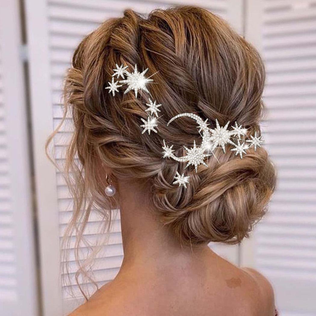 Unicra front view of five silver star moon hair pins highlighting elegant packaging and sparkle
