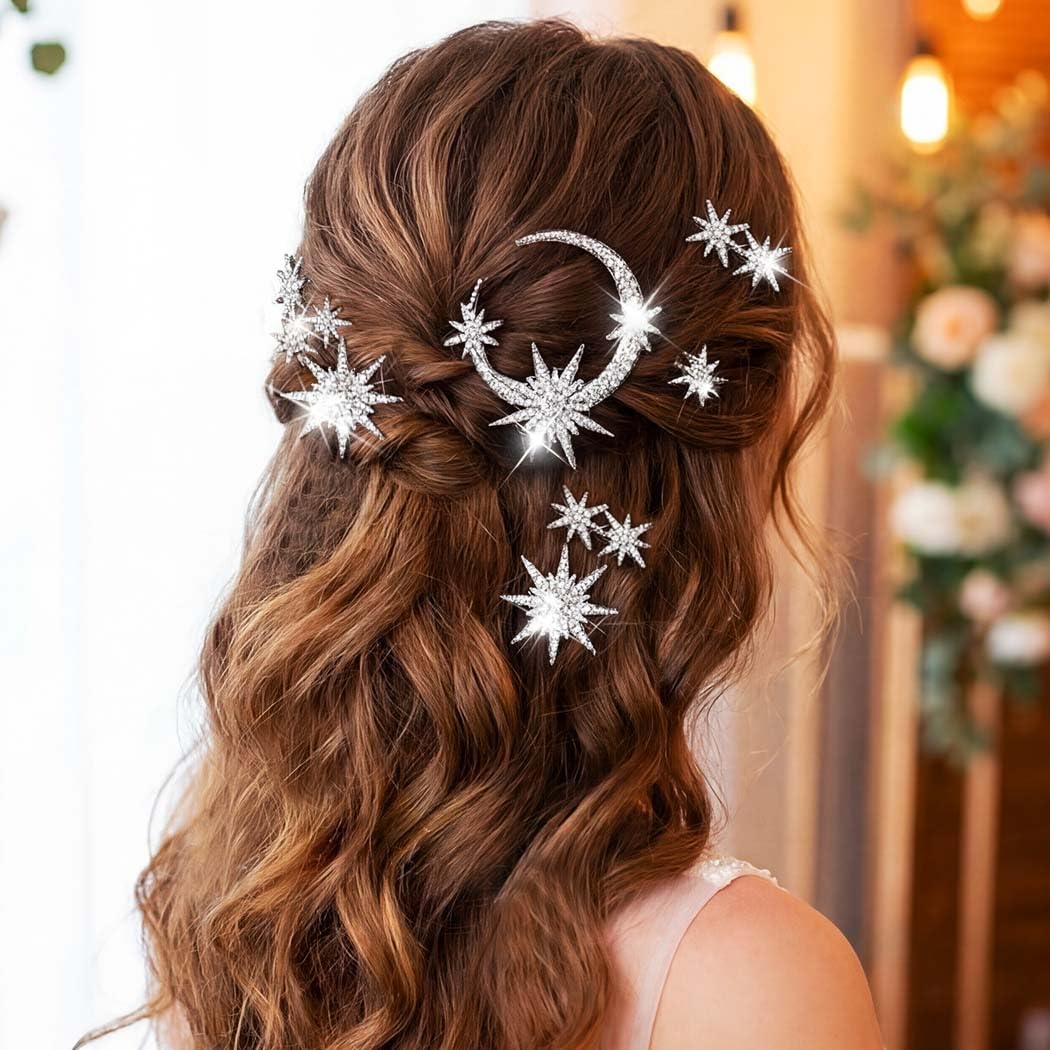 Unicra assorted star and moon hair pin shapes displayed to show design variety