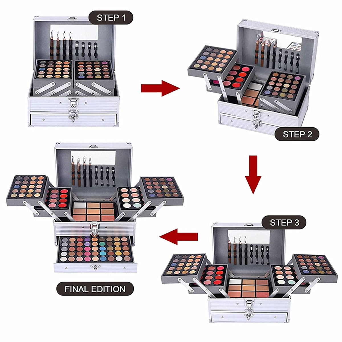UNIFULL makeup kit next to travel items showing compact size and portability