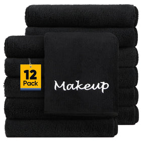 UNIMADE front view of 12-pack black makeup remover cloths showing neat stack and packaging benefit quick access