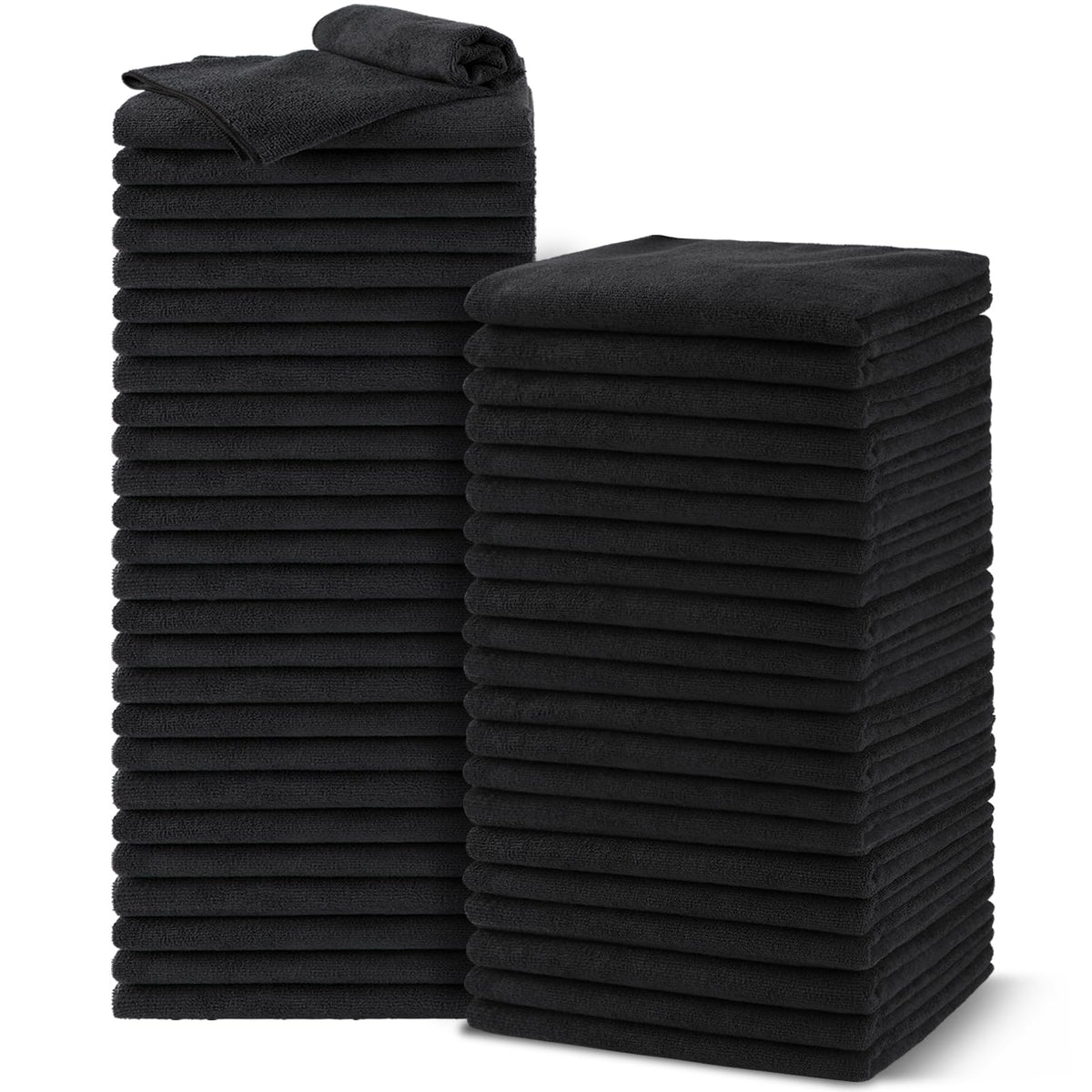 UNIMADE front pack of 48 black salon towels showing quantity and benefit