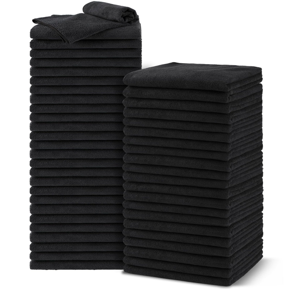 UNIMADE front pack of 48 black salon towels showing quantity and benefit