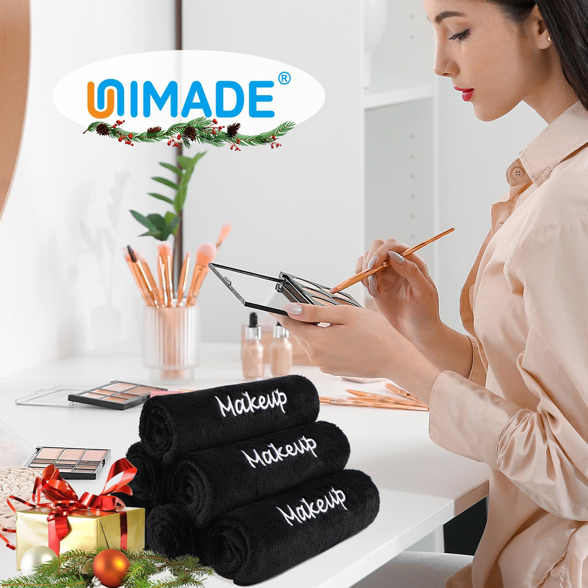 UNIMADE labeled makeup towel on salon cart for organization