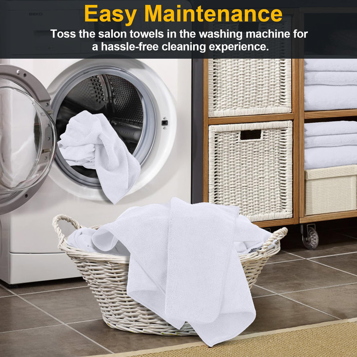 UNIMADE neatly folded towels stacked indicating bulk supply benefit