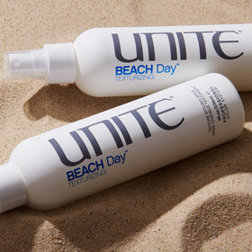 UNITE BEACH Day next to an 8oz size comparison to show portability and salon quantity