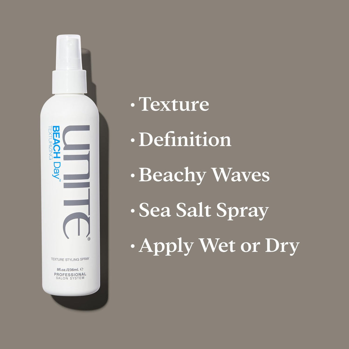 UNITE BEACH Day close-up of mist on hair showing matte texture and tousled definition