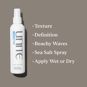 UNITE BEACH Day close-up of mist on hair showing matte texture and tousled definition