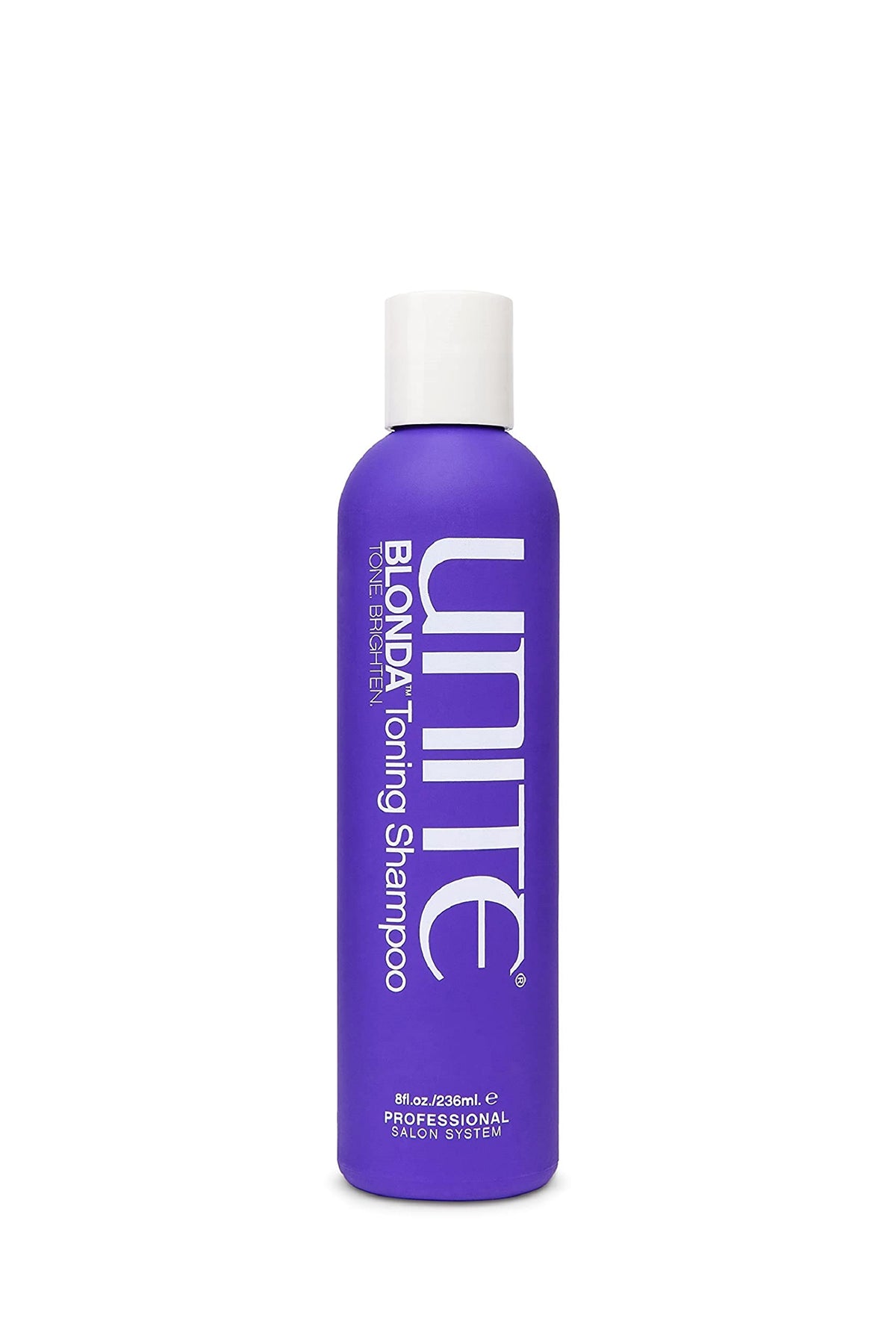 UNITE Hair bottle front packaging showing purple shampoo and benefits