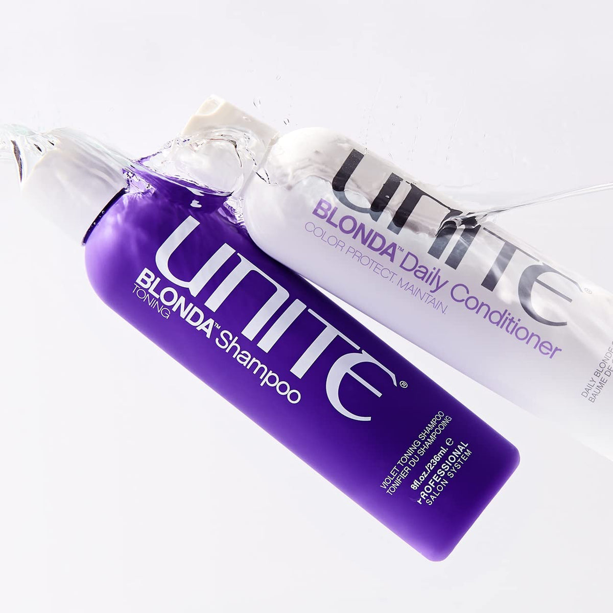 UNITE BLONDA pump dispenser detail highlighting easy use and spill-free benefit