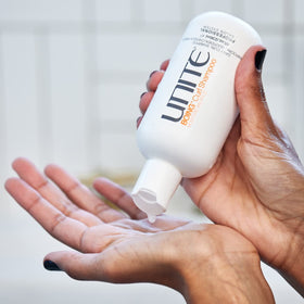UNITE BOING in-shower use on curly hair showing enhanced curl definition