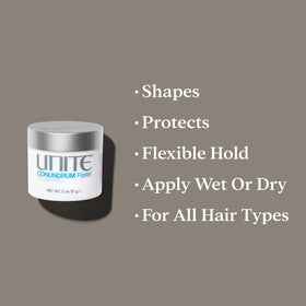 UNITE CONUNDRUM used in hair styling on model showing flexible, natural hold