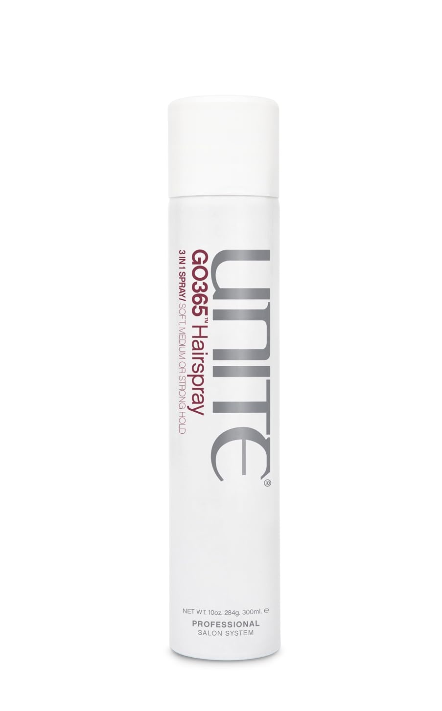 UNITE GO365 front can showing branding and adjustable nozzle for versatile styling