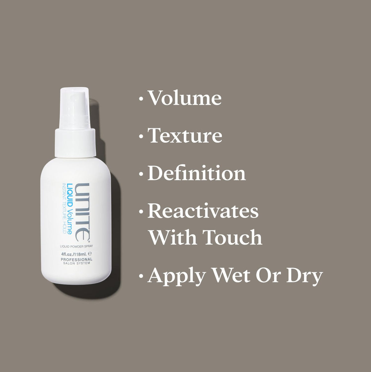 UNITE LIQUID Volume used on styled hair demonstrating added body and touchable hold