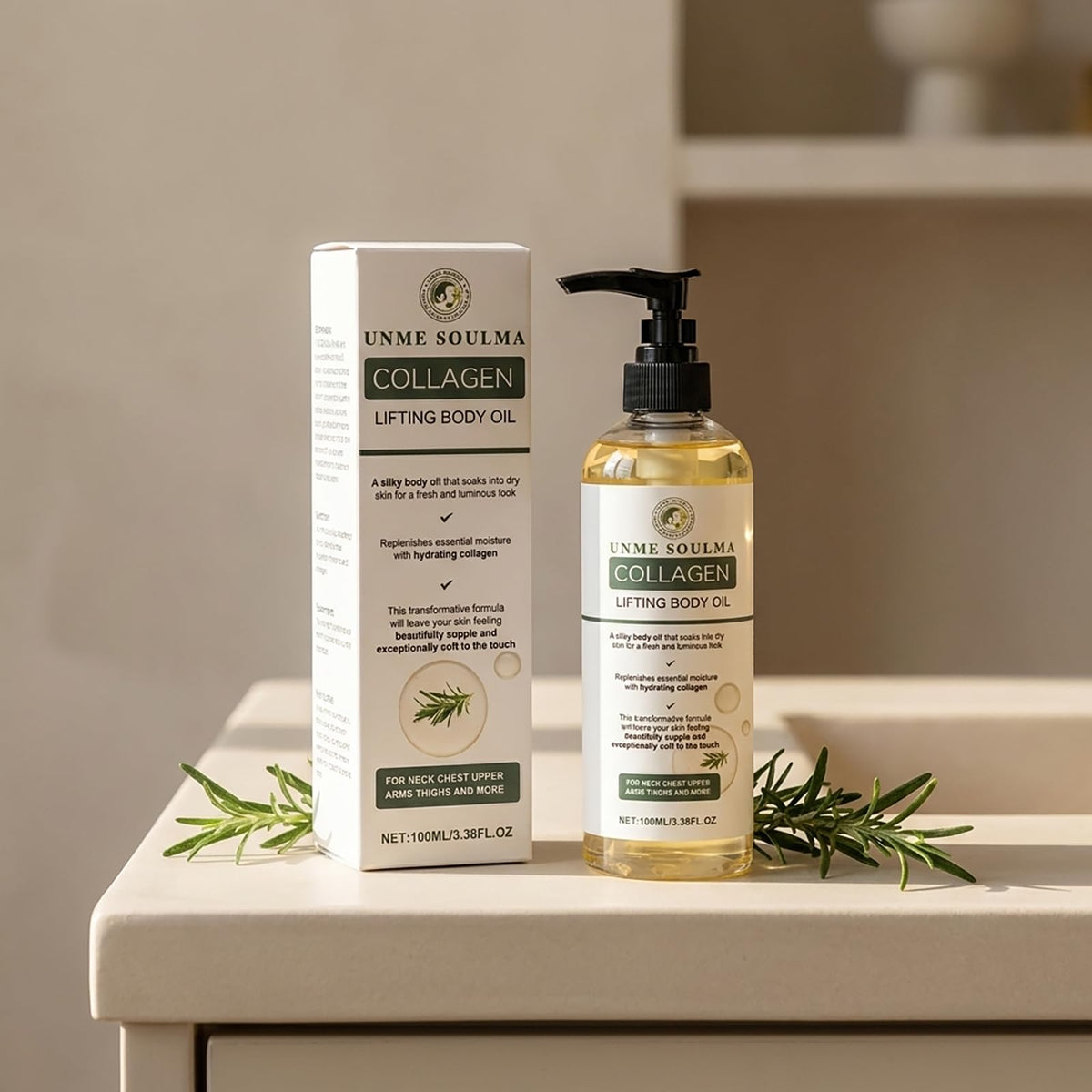 UNME SOULMA bottle on bathroom shelf in lifestyle scene showing daily use routine