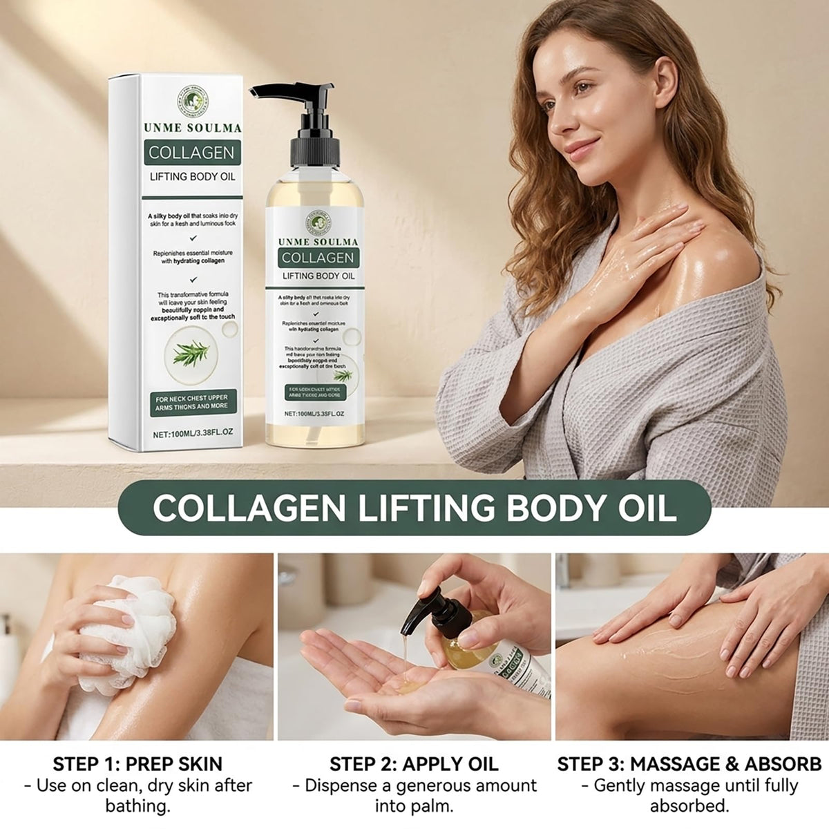 UNME SOULMA oil texture gliding on skin to show fast absorption and smooth finish