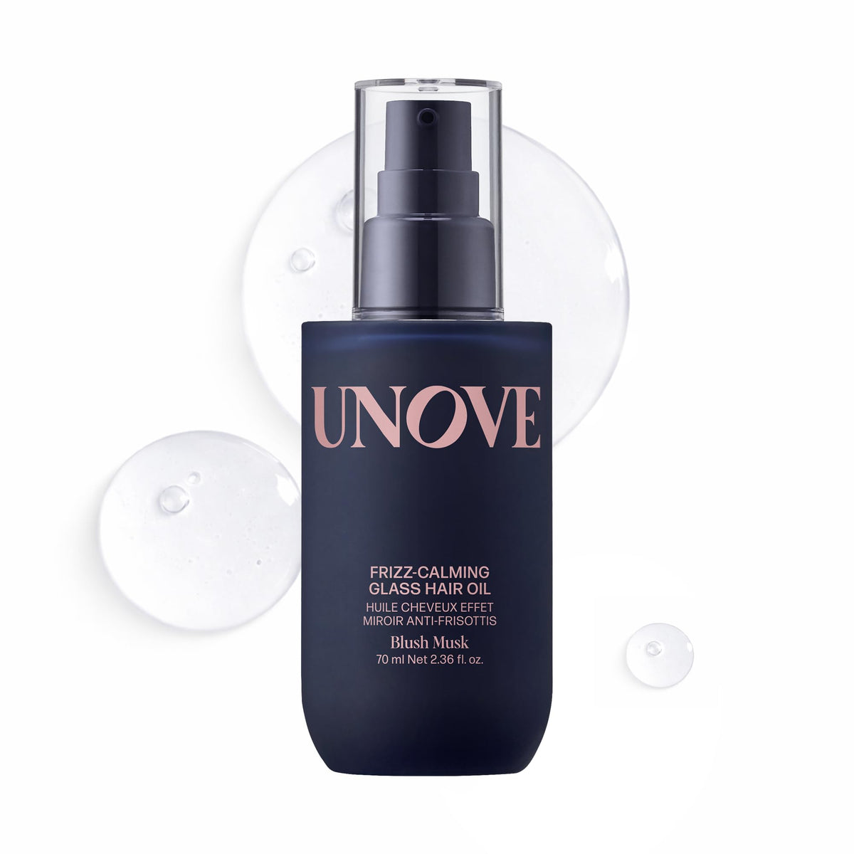 UNOVE front packaging showing sleek bottle and frizz-calming benefit
