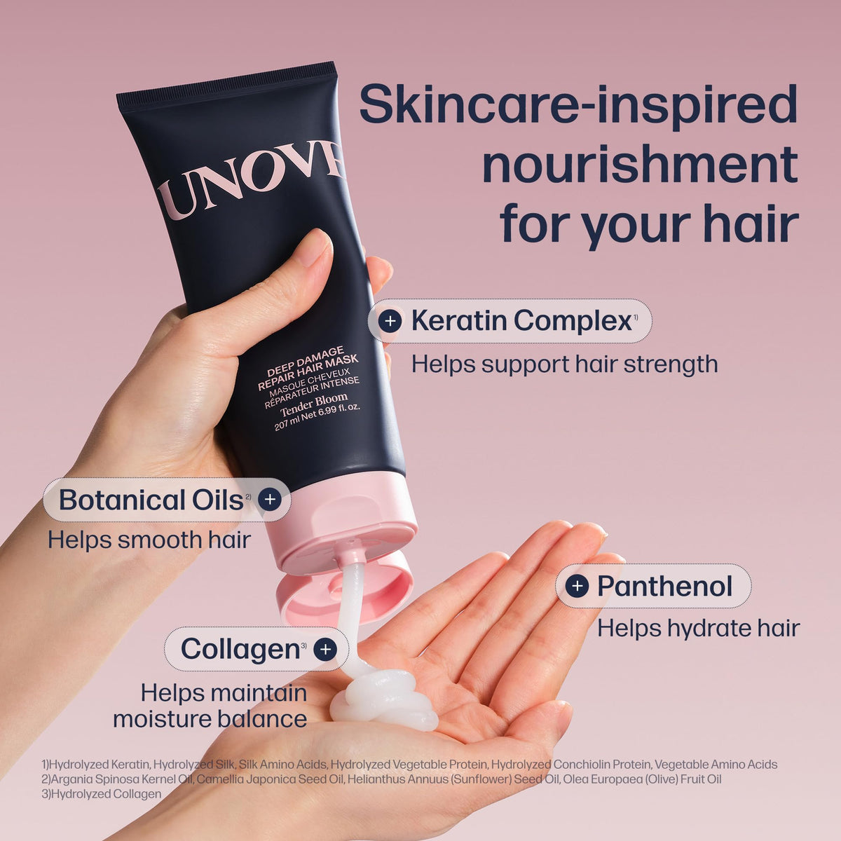 UNOVE mask applied to wet hair demonstrating detangling and smooth finish