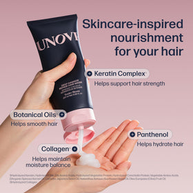 UNOVE mask applied to wet hair demonstrating detangling and smooth finish