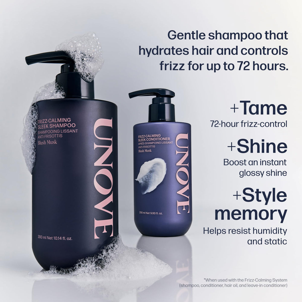 UNOVE shampoo pouring to show creamy texture and moisturizing feel for soft hair