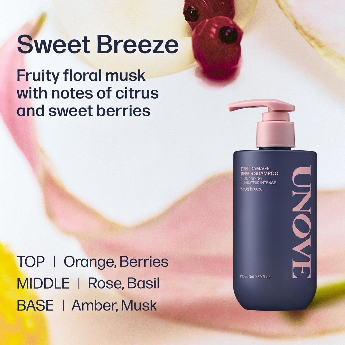 UNOVE 290 ml bottle next to hand showing size and travel-friendly benefit