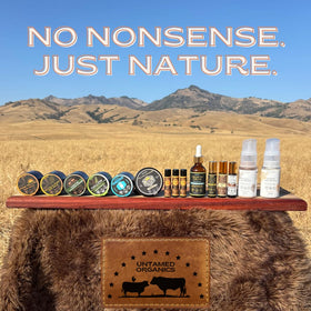 Untamed Organics jar staged on bathroom shelf, natural skin care lifestyle benefit