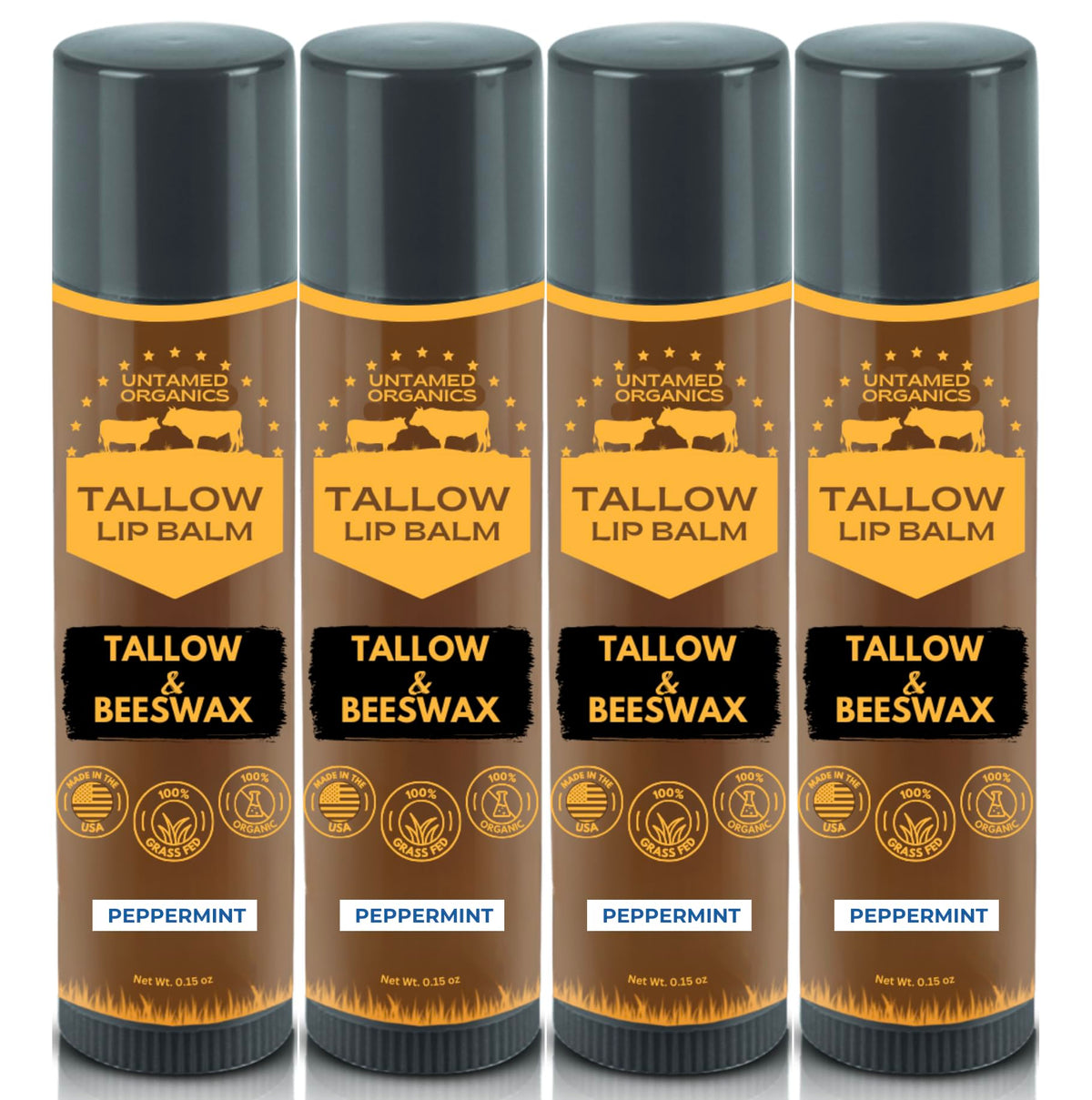 Untamed Organics front view of peppermint tallow lip balm showing clean packaging and benefit of simple ingredients
