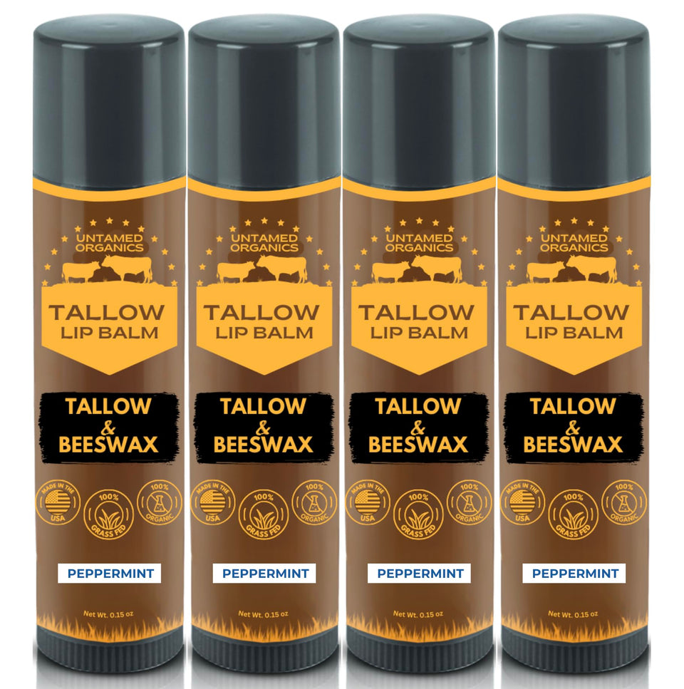 Untamed Organics front view of peppermint tallow lip balm showing clean packaging and benefit of simple ingredients