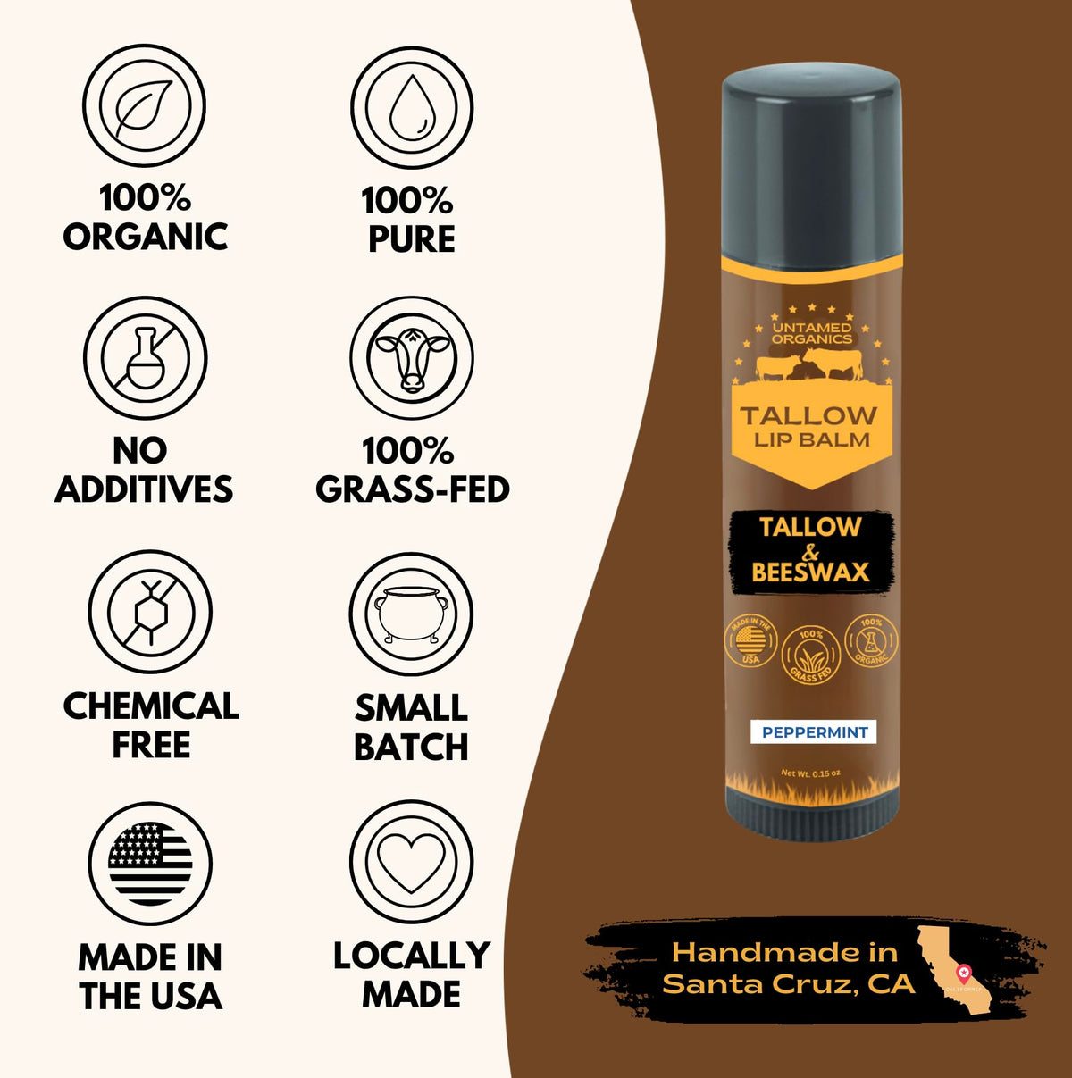 Untamed Organics lip balm held in hand to show size and travel-friendly convenience
