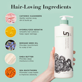 Unwash ingredients label close-up spotlighting keratin and oils benefits