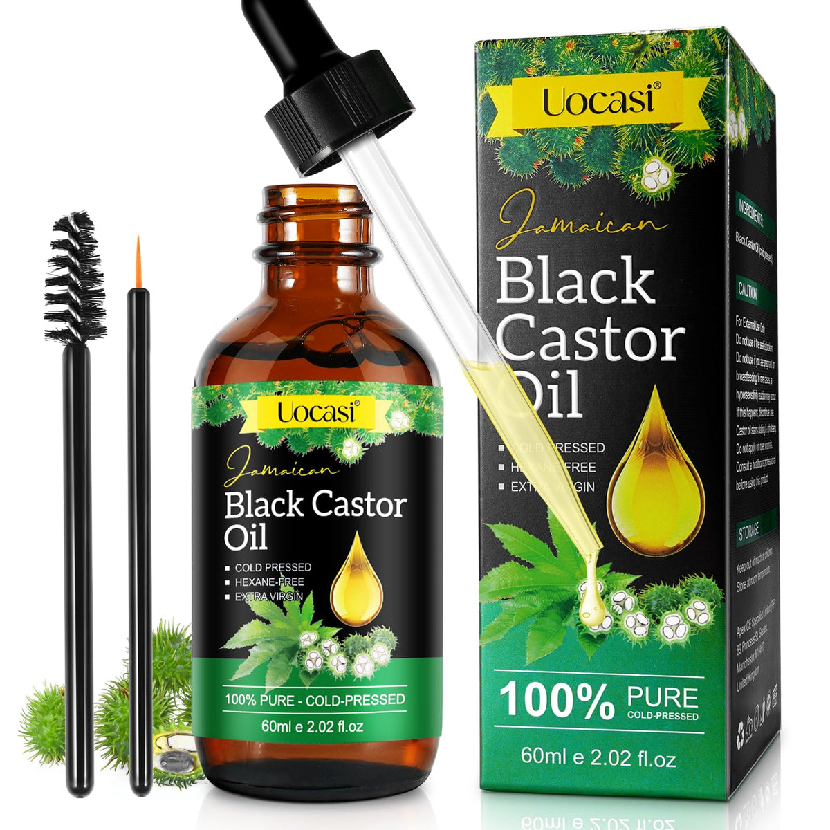 Uocasi glass bottle front showing label and pure castor oil benefits