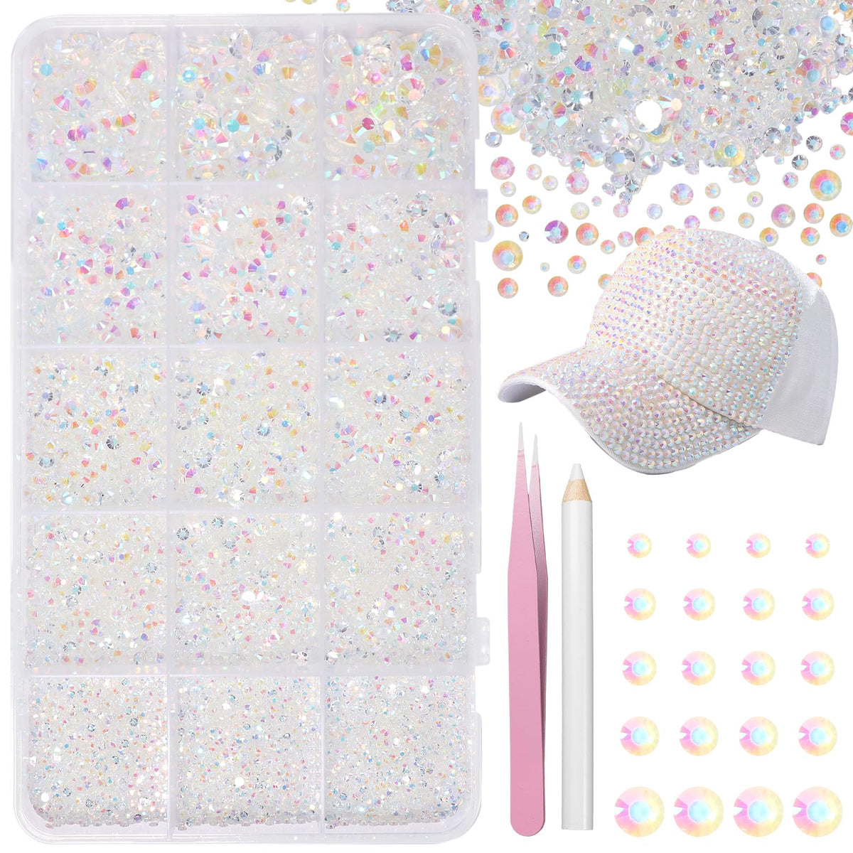 Uotey front box packed with 15-grid rhinestones showing neat organization and value