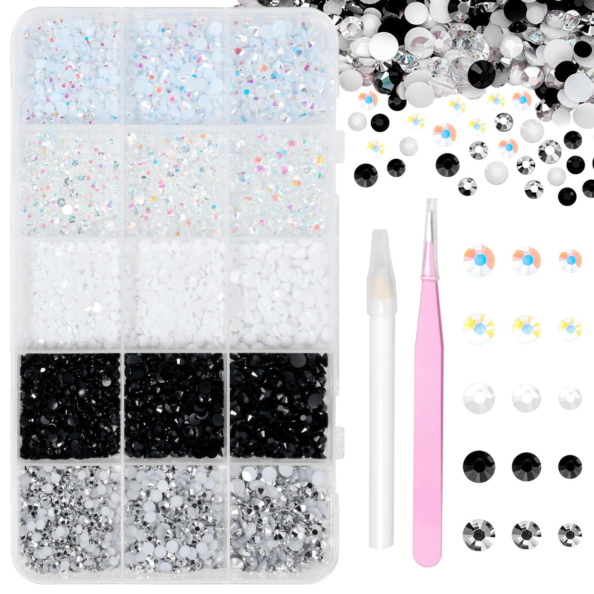 Uotey front packaging with 15-grid box and organized rhinestones for easy access