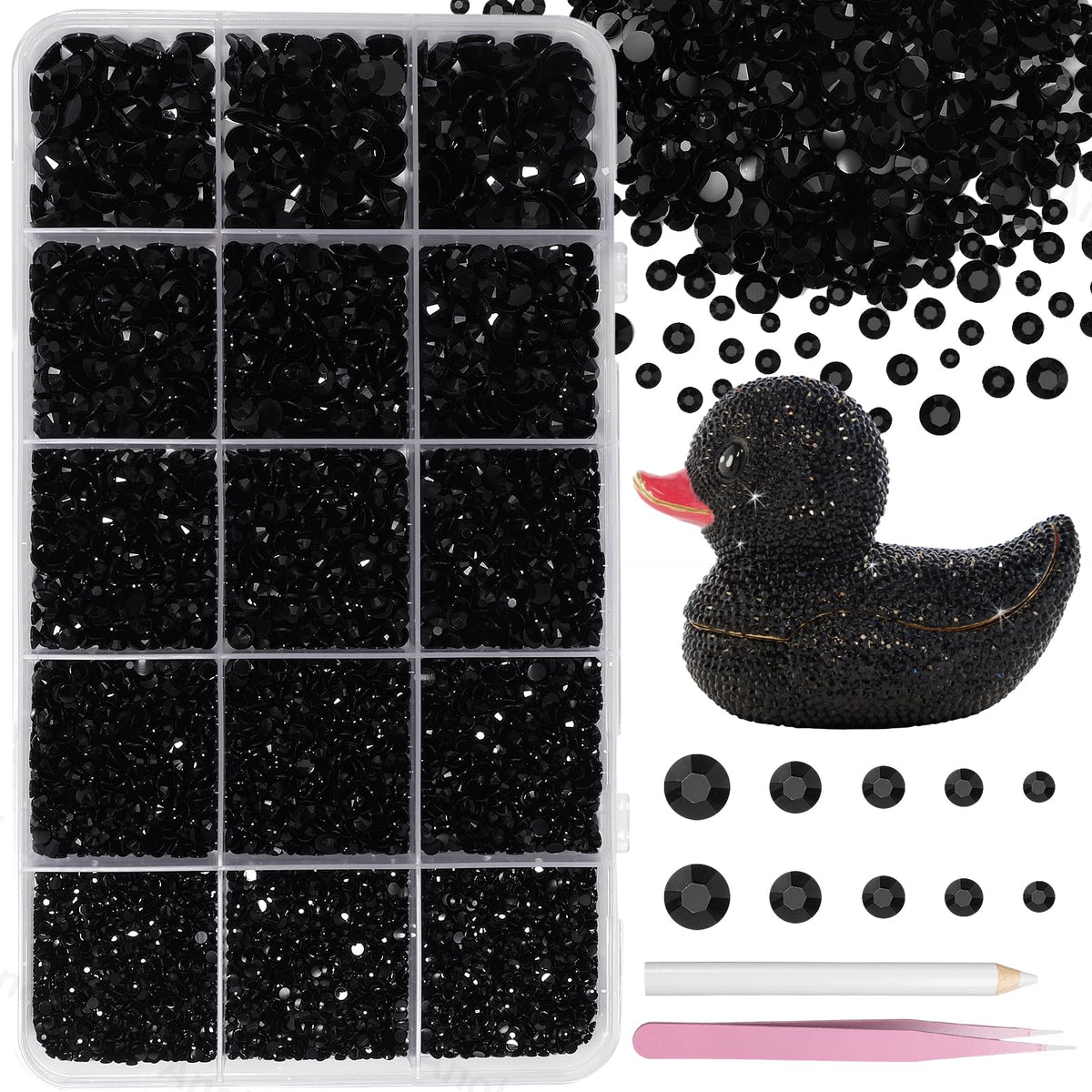Uotey front packaging showing 15-grid box and 16,000 black rhinestones for easy storage